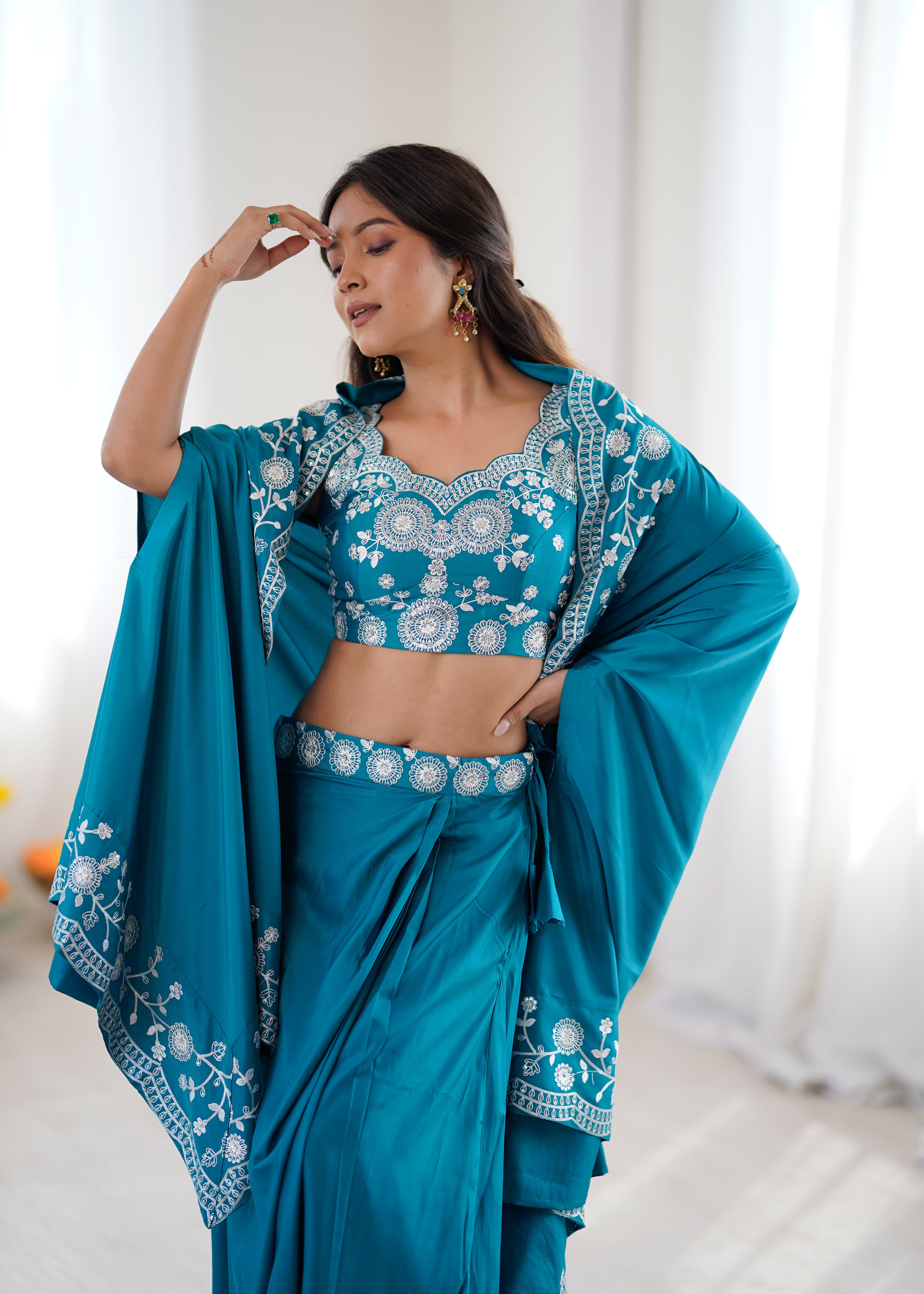 Wedding Special Rama French Crepe Thread & Sequence Work Western Dhoti Set
