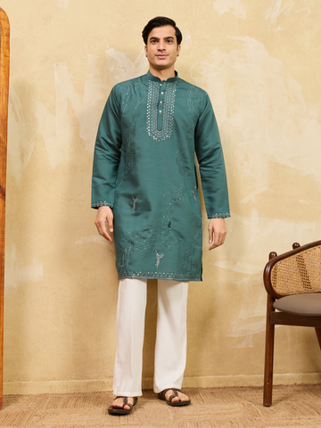 Premium Rama Green Viscose Silk Embroidered Kurta Pant Set
