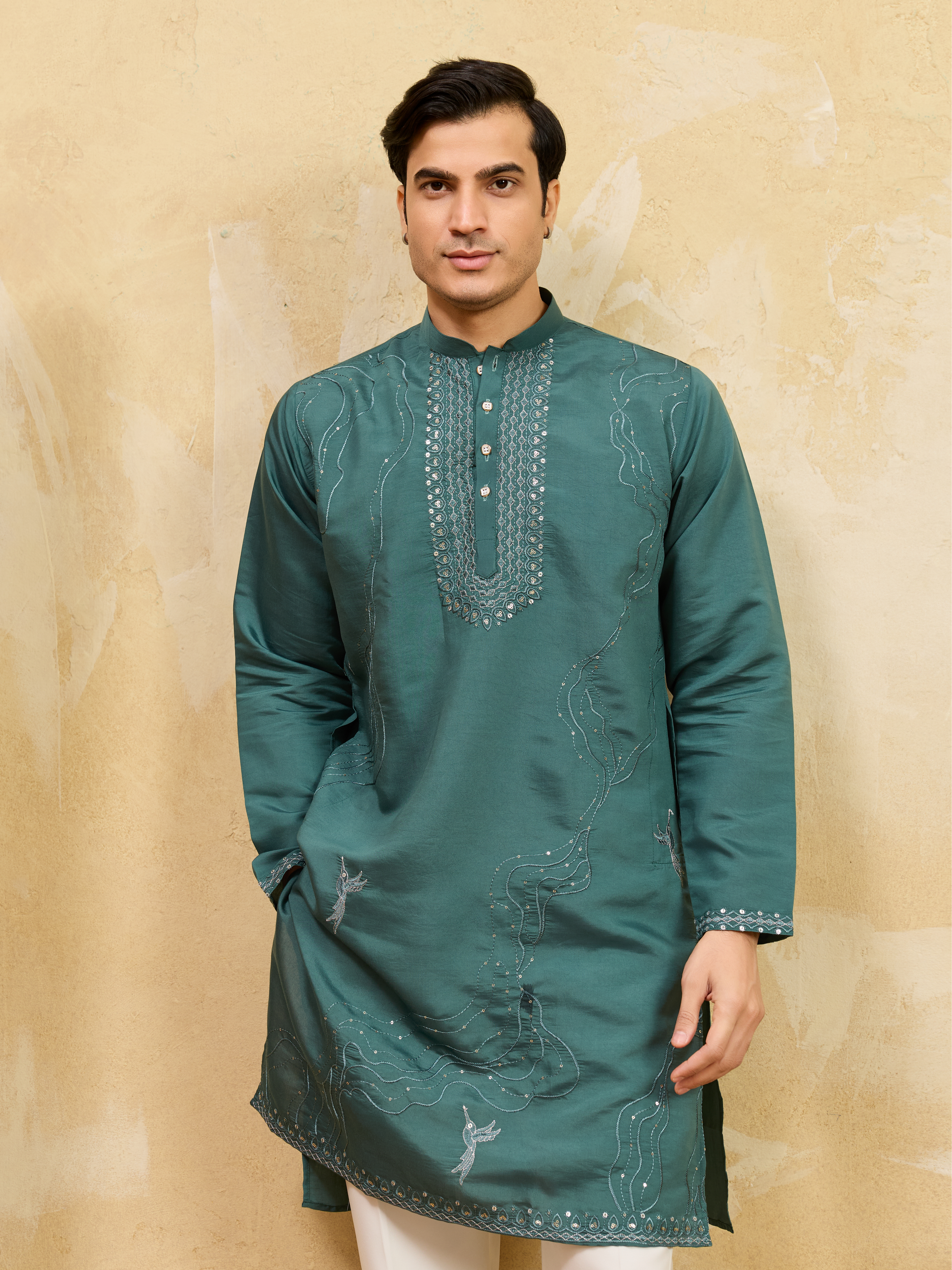 Premium Rama Green Viscose Silk Embroidered Kurta Pant Set
