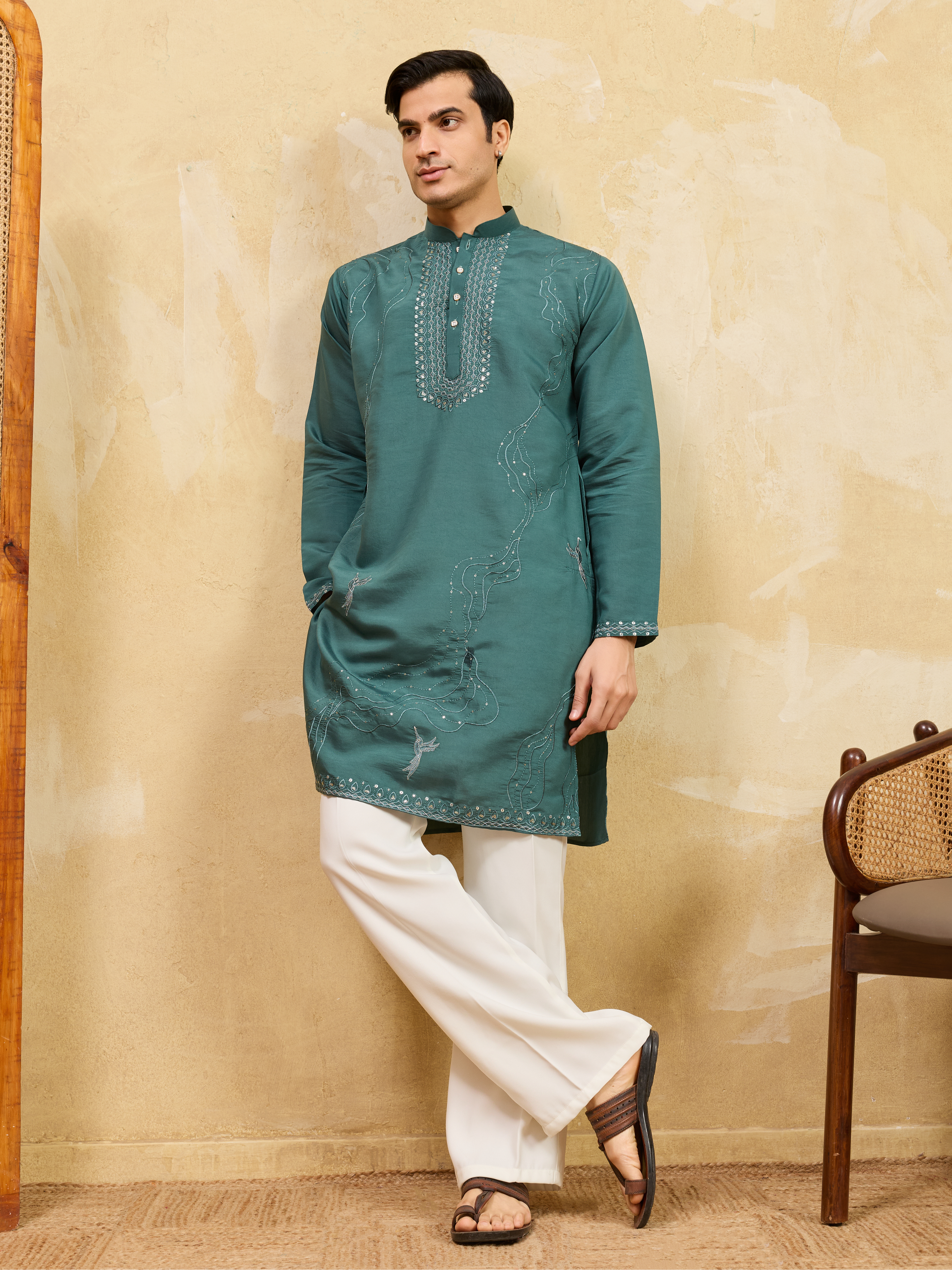 Premium Rama Green Viscose Silk Embroidered Kurta Pant Set
