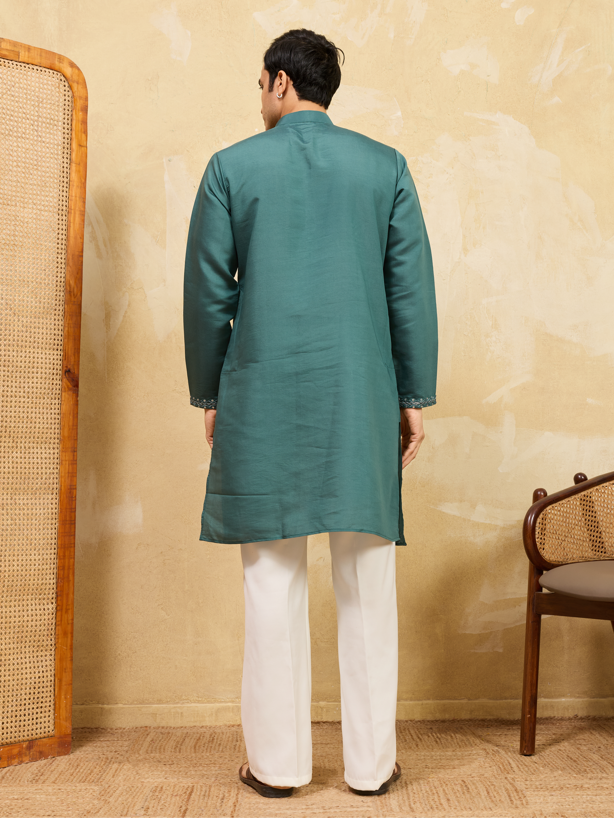 Premium Rama Green Viscose Silk Embroidered Kurta Pant Set
