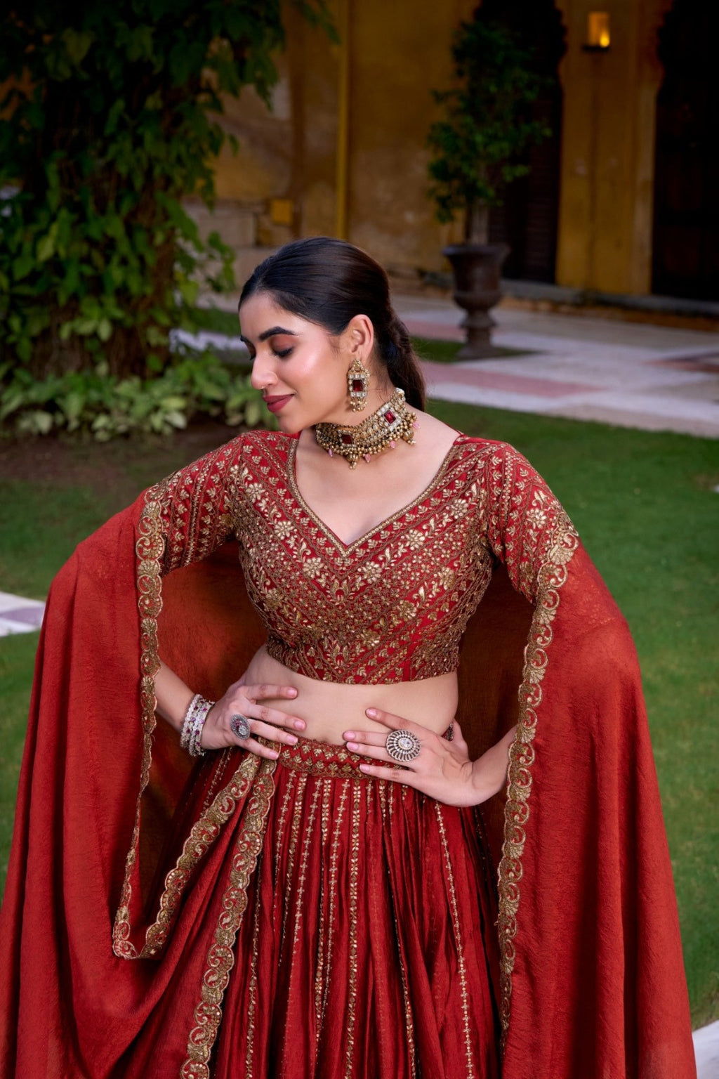 Red Orange Rangoli Crush Designer Sequins With Tread Embroidered Wedding Lehenga Choli