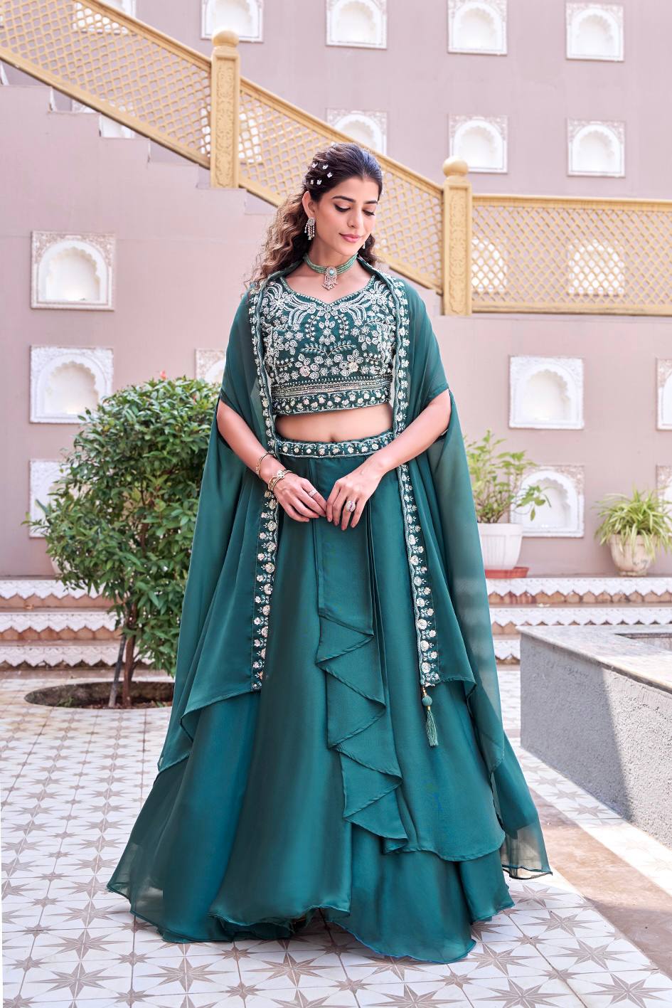 Trendy Rangoli Silk Heavy Embroidery Lehenga Set With Shrug Dupatta
