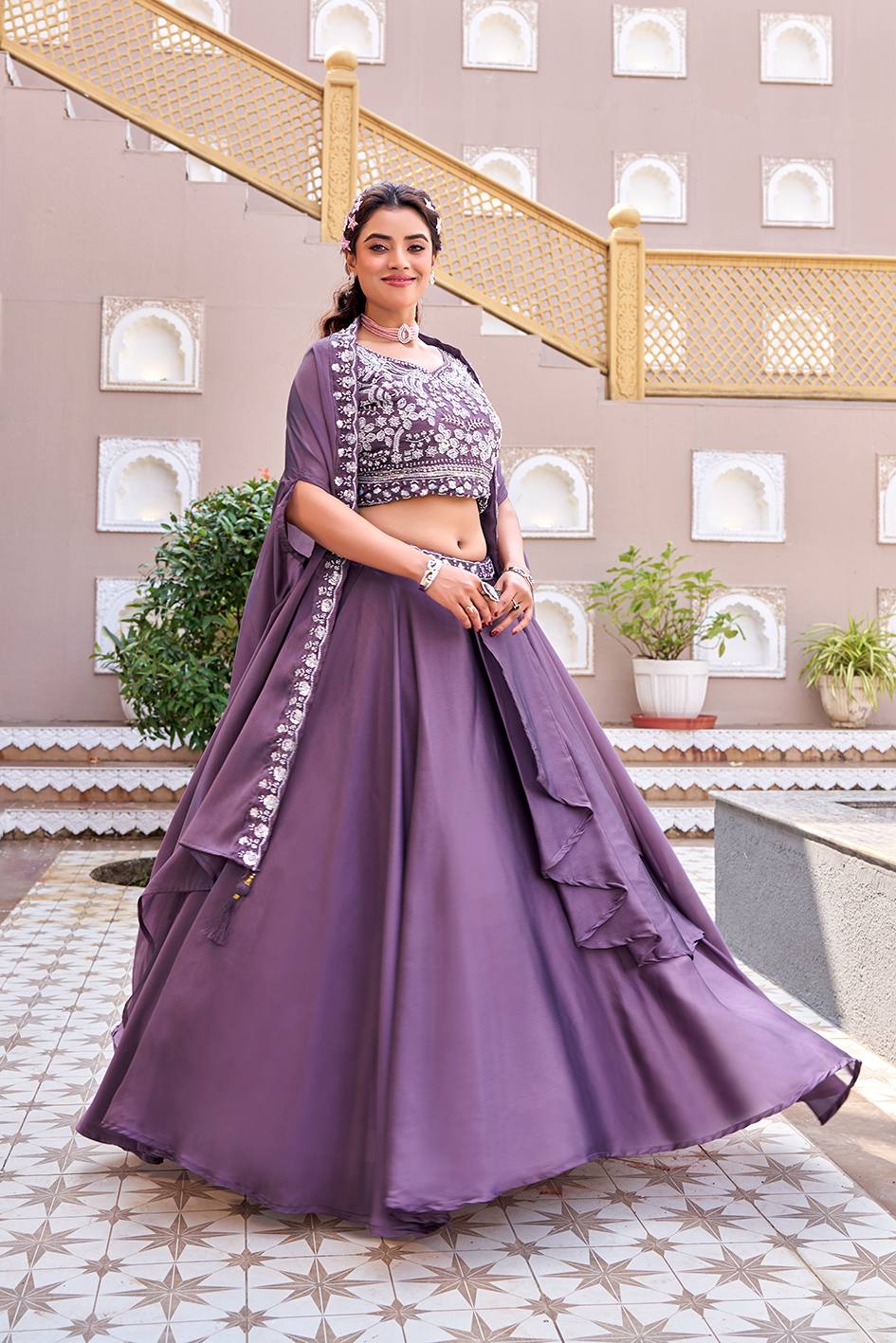 Trendy Rangoli Silk Heavy Embroidery Lehenga Set With Shrug Dupatta
