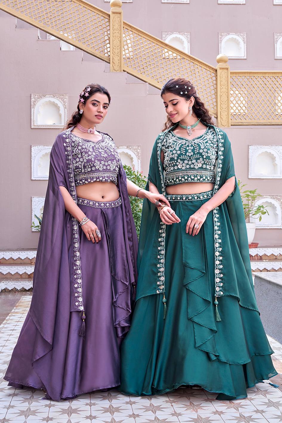 Trendy Rangoli Silk Heavy Embroidery Lehenga Set With Shrug Dupatta

