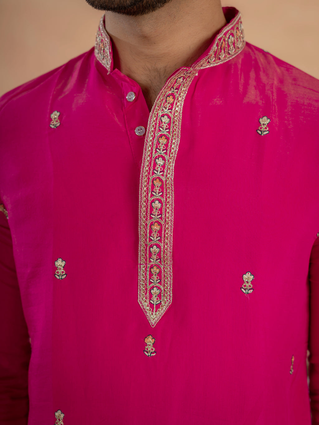 Designer Rani Pink Roman Shimmer Embroidered Kurta Set For Men