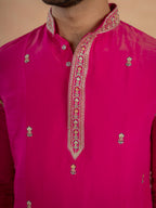 Designer Rani Pink Roman Shimmer Embroidered Kurta Set For Men