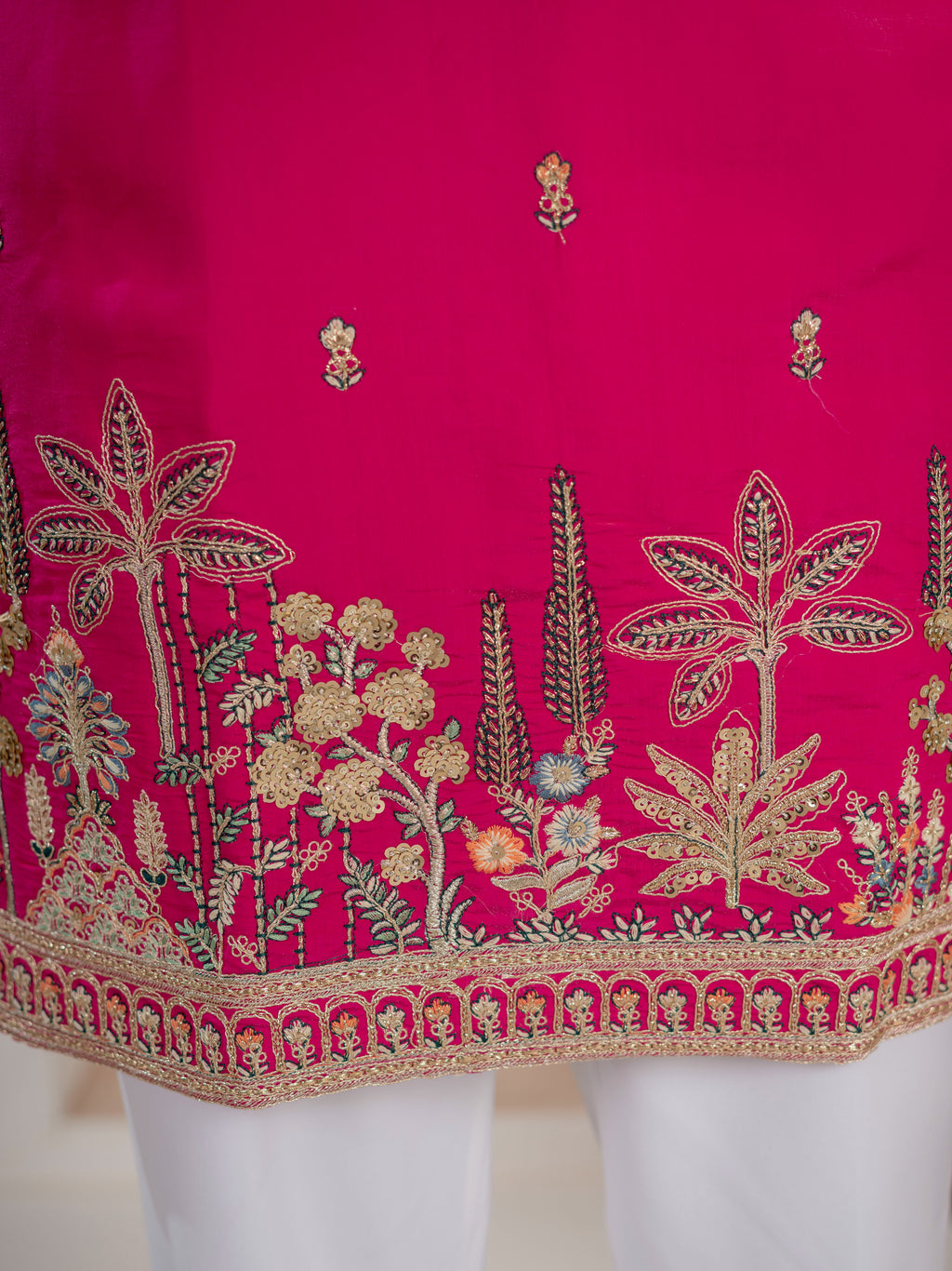 Designer Rani Pink Roman Shimmer Embroidered Kurta Set For Men