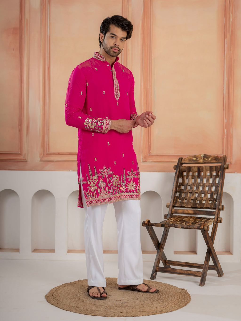 Designer Rani Pink Roman Shimmer Embroidered Kurta Set For Men