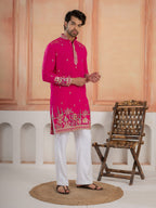 Designer Rani Pink Roman Shimmer Embroidered Kurta Set For Men