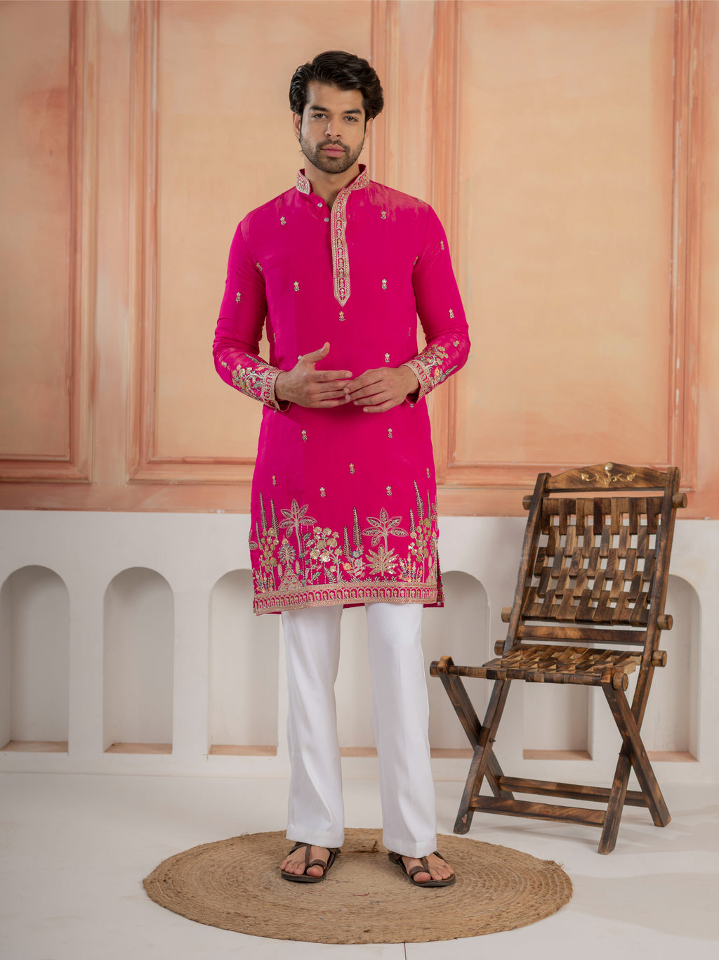 Designer Rani Pink Roman Shimmer Embroidered Kurta Set For Men
