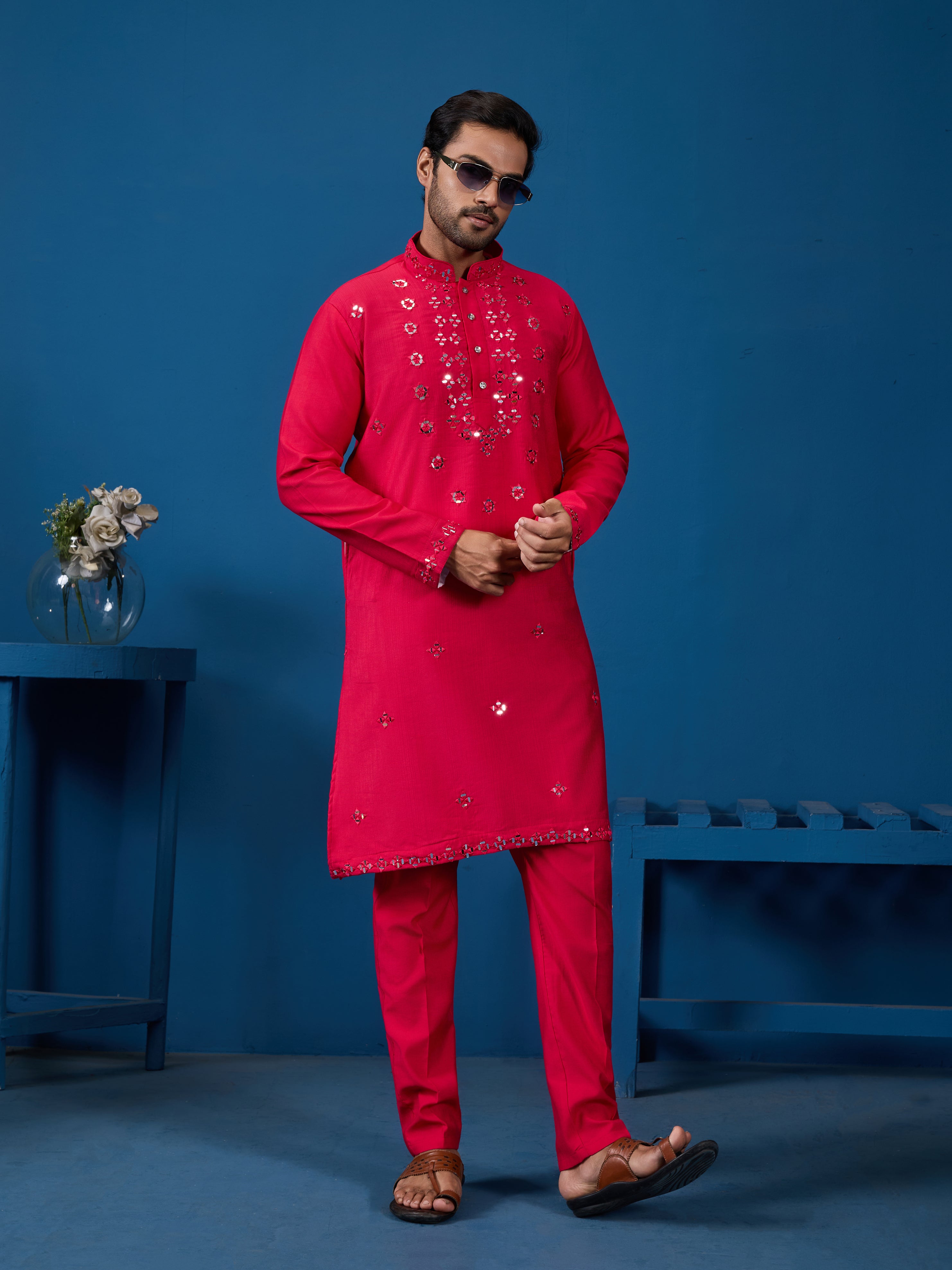 Designer Rani Mirror Embroidered Kurta for Mens Wear