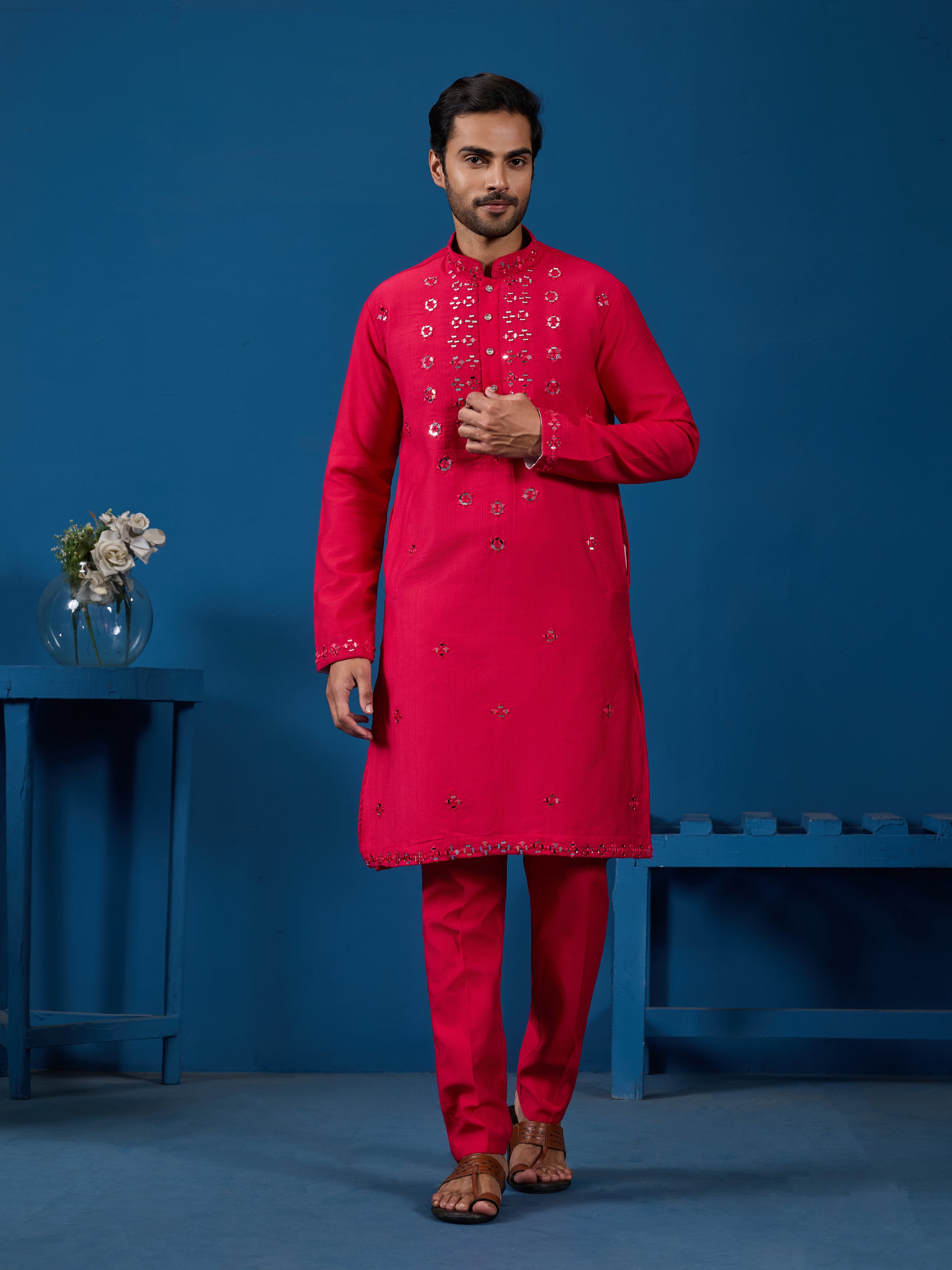 Designer Rani Mirror Embroidered Kurta for Mens Wear