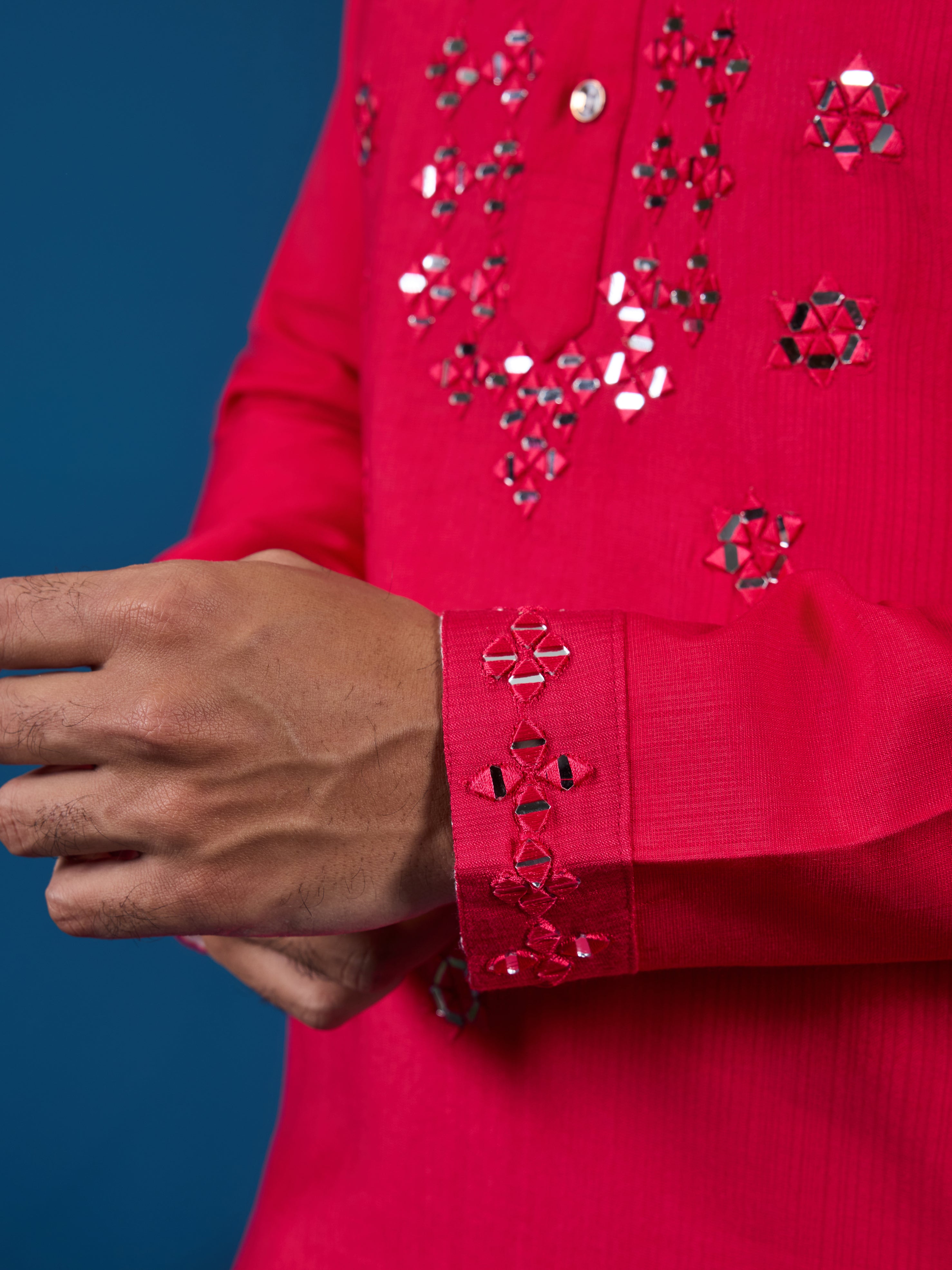 Designer Rani Mirror Embroidered Kurta for Mens Wear
