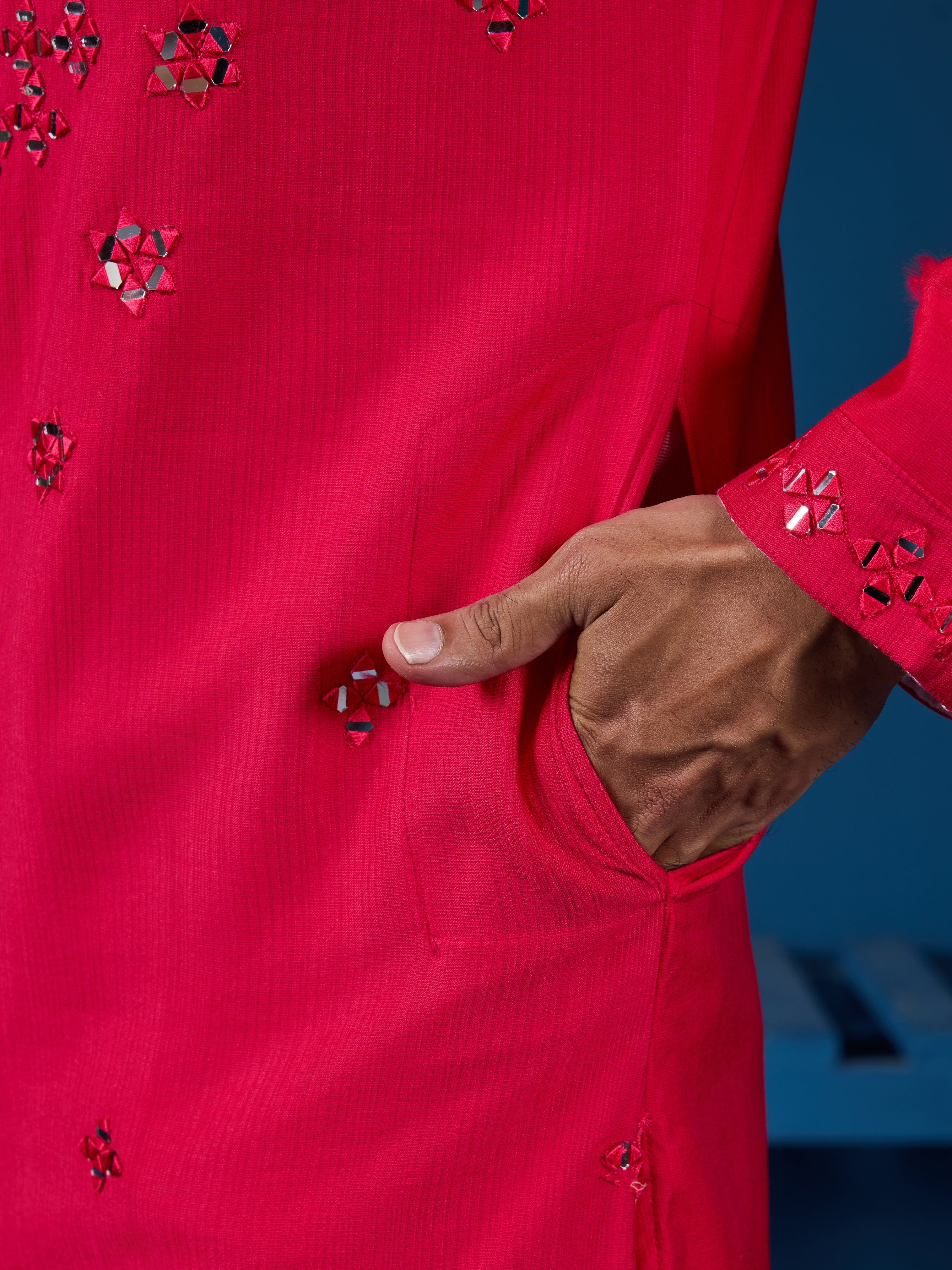 Designer Rani Mirror Embroidered Kurta for Mens Wear