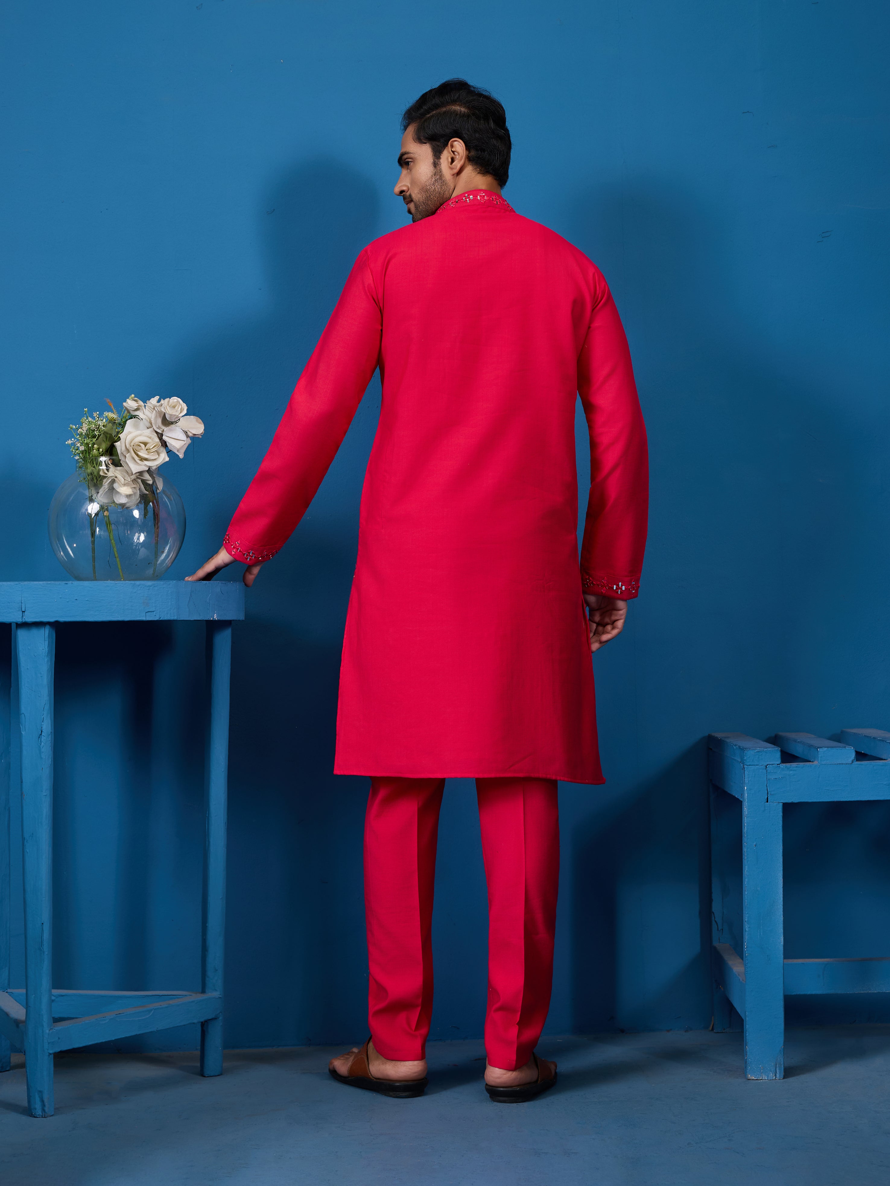 Designer Rani Mirror Embroidered Kurta for Mens Wear