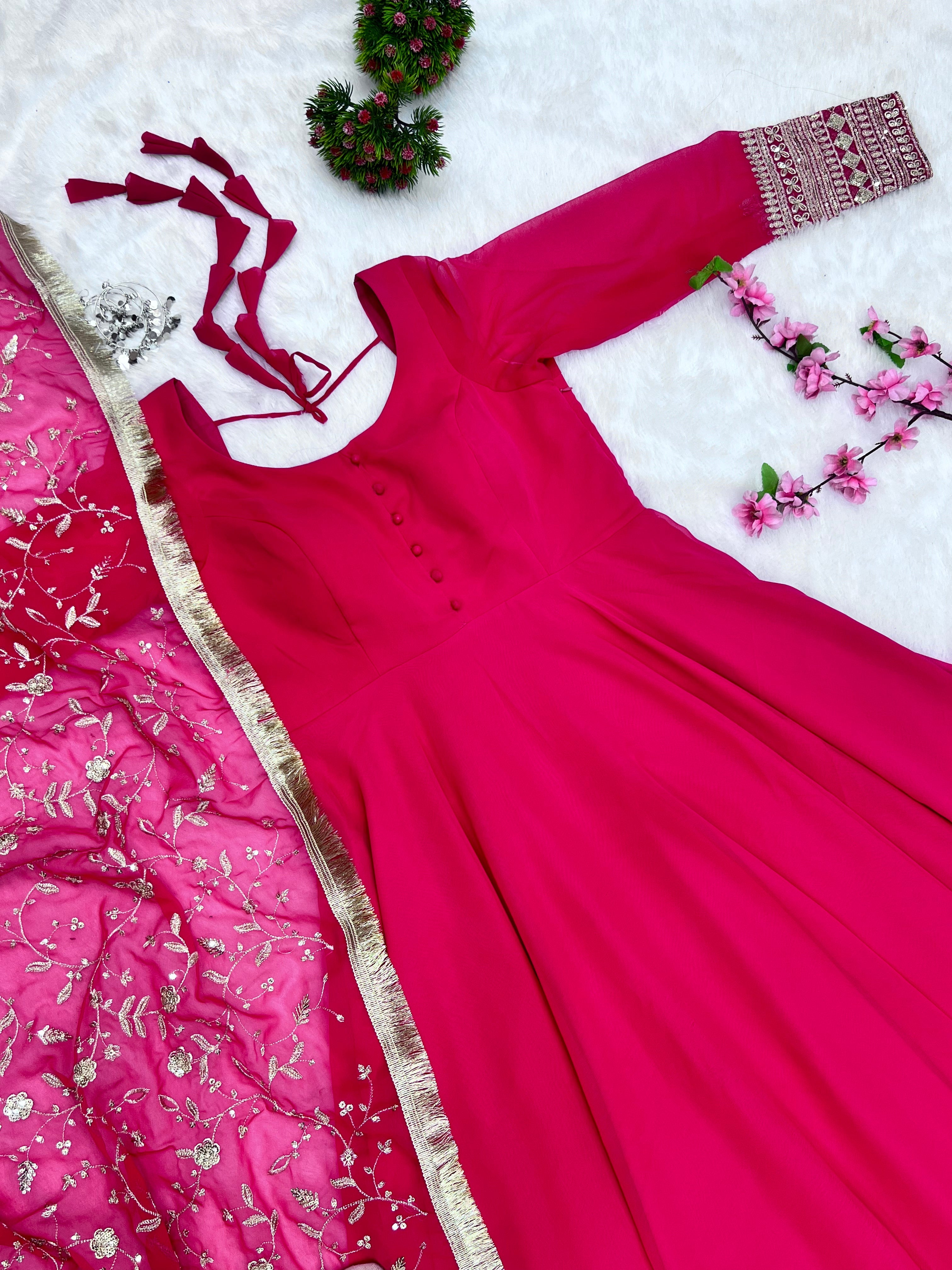 Rani Pink Color Pure Faux Georgette Anarkali With Huge Flair Comes With Duppatta & Pant