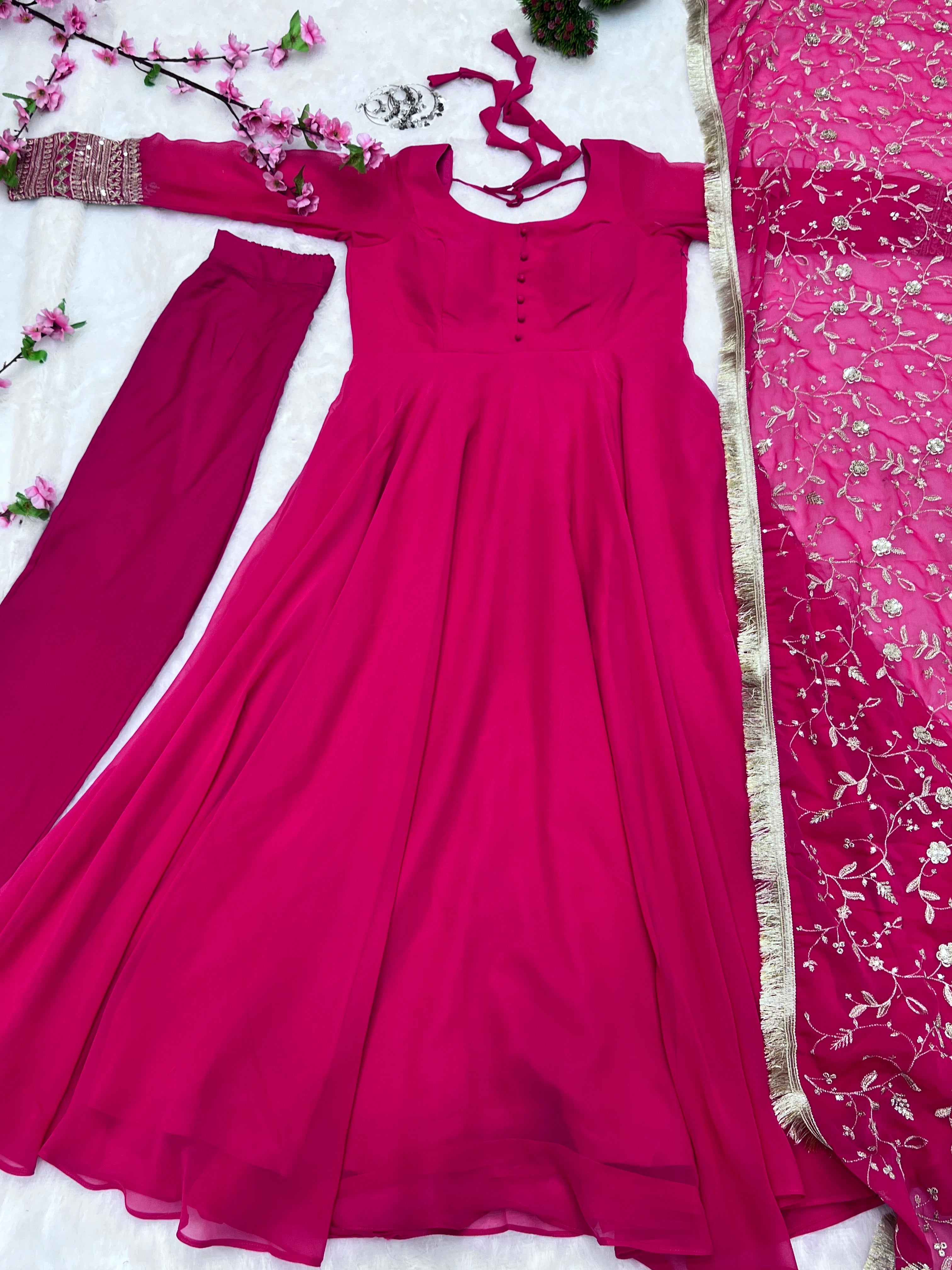 Rani Pink Color Pure Faux Georgette Anarkali With Huge Flair Comes With Duppatta & Pant