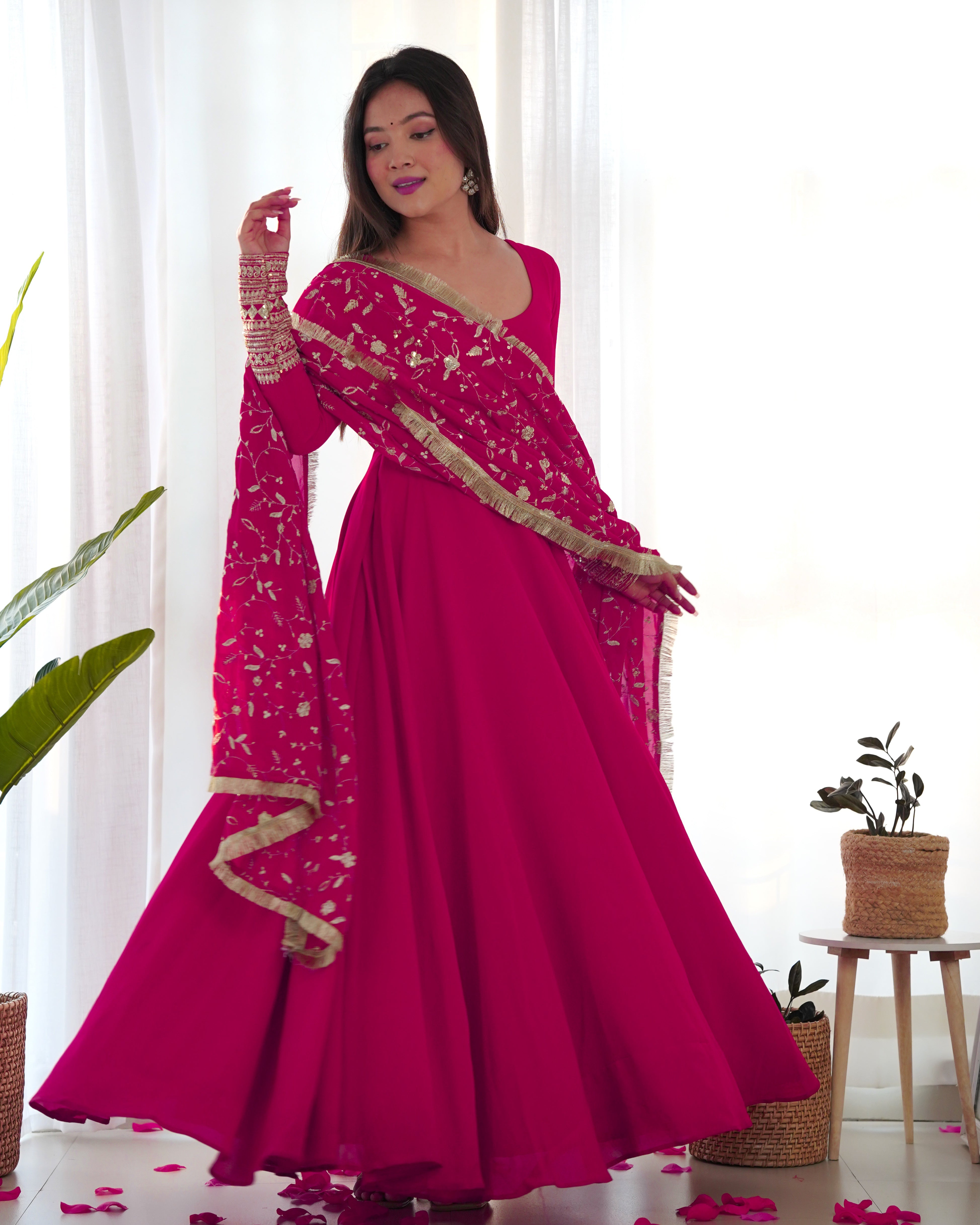 Rani Pink Color Pure Faux Georgette Anarkali With Huge Flair Comes With Duppatta & Pant
