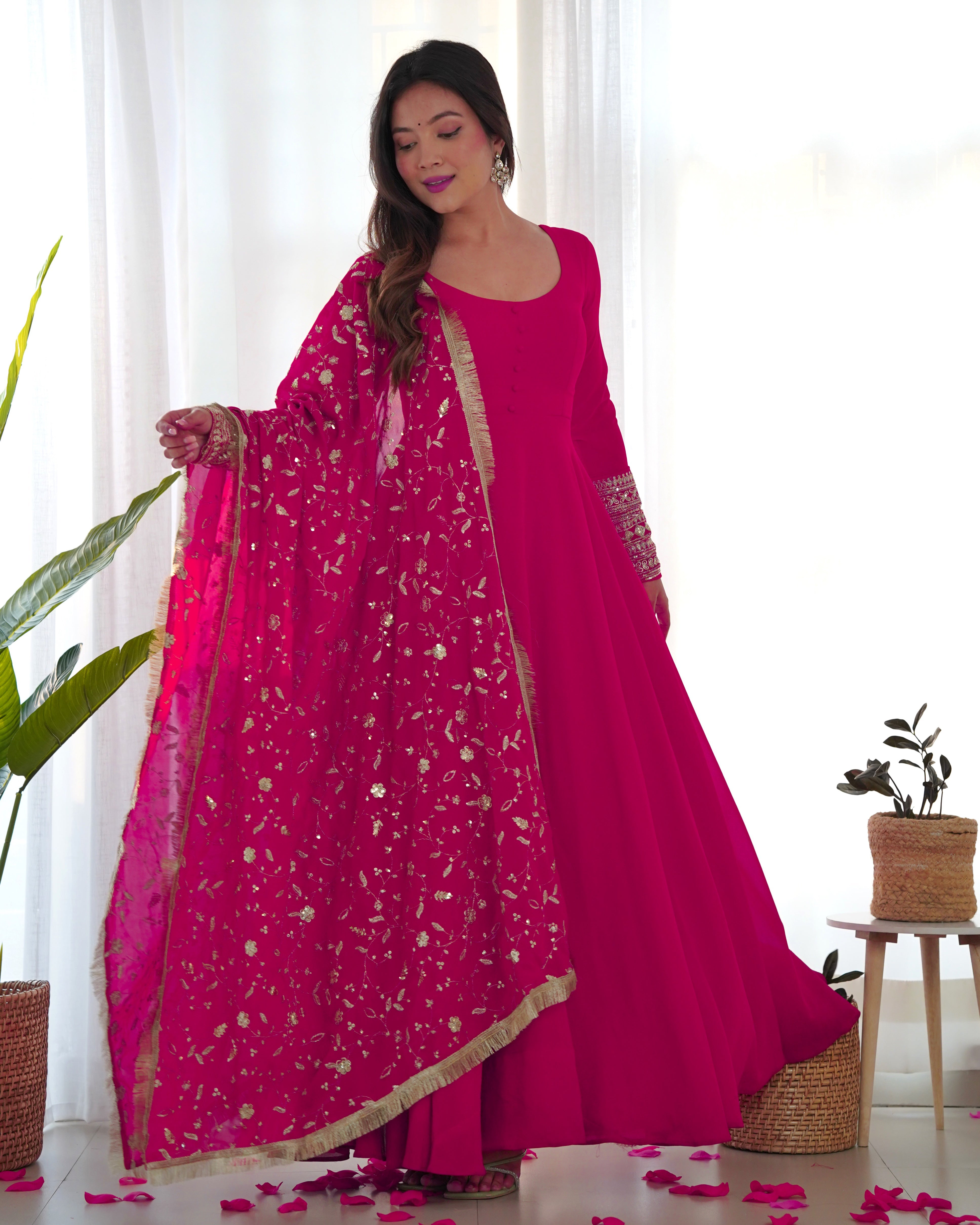 Rani Pink Color Pure Faux Georgette Anarkali With Huge Flair Comes With Duppatta & Pant