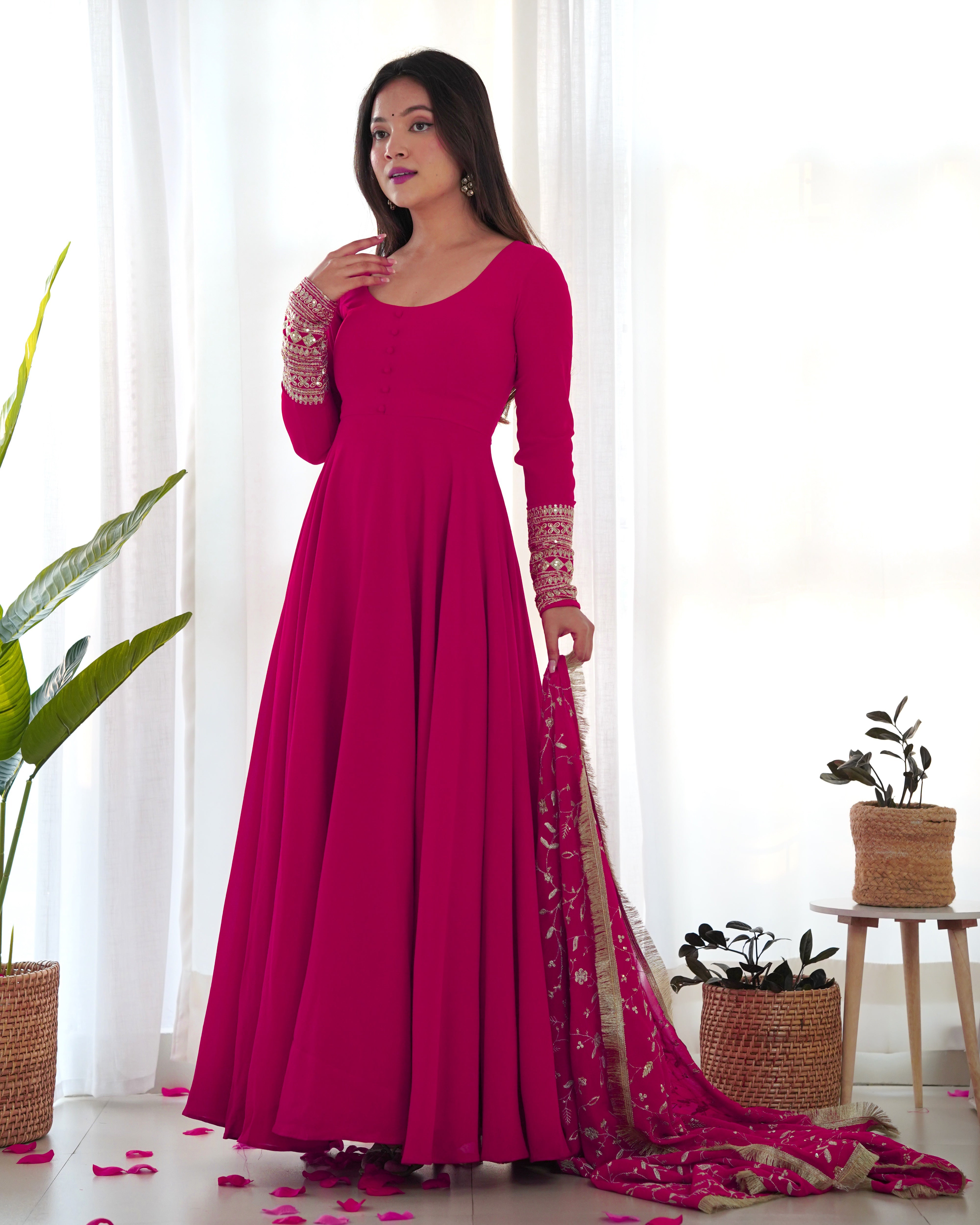 Rani Pink Color Pure Faux Georgette Anarkali With Huge Flair Comes With Duppatta & Pant