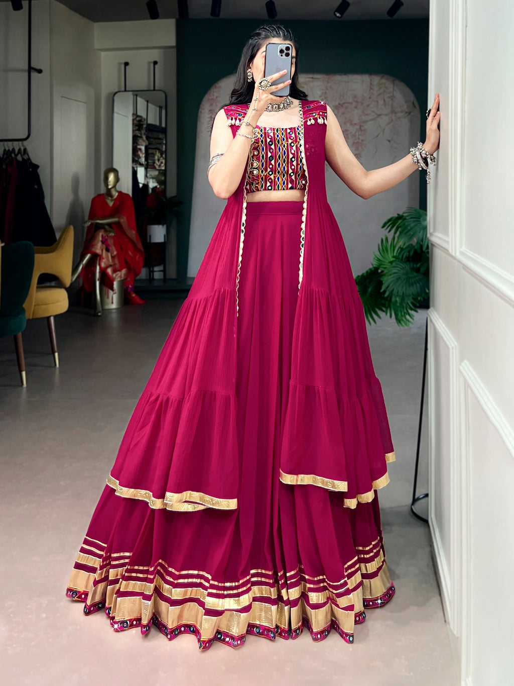 Festive Wear Rani Pink Gamthi Work Lehenga Choli Set with Long Koti Style
