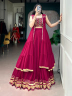 Festive Wear Rani Pink Gamthi Work Lehenga Choli Set with Long Koti Style
