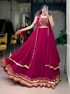 Festive Wear Rani Pink Gamthi Work Lehenga Choli Set with Long Koti Style
