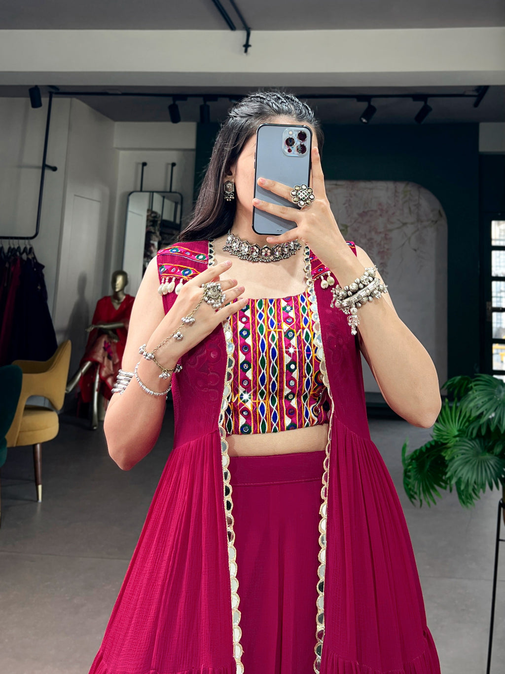 Festive Wear Rani Pink Gamthi Work Lehenga Choli Set with Long Koti Style
