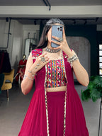 Festive Wear Rani Pink Gamthi Work Lehenga Choli Set with Long Koti Style
