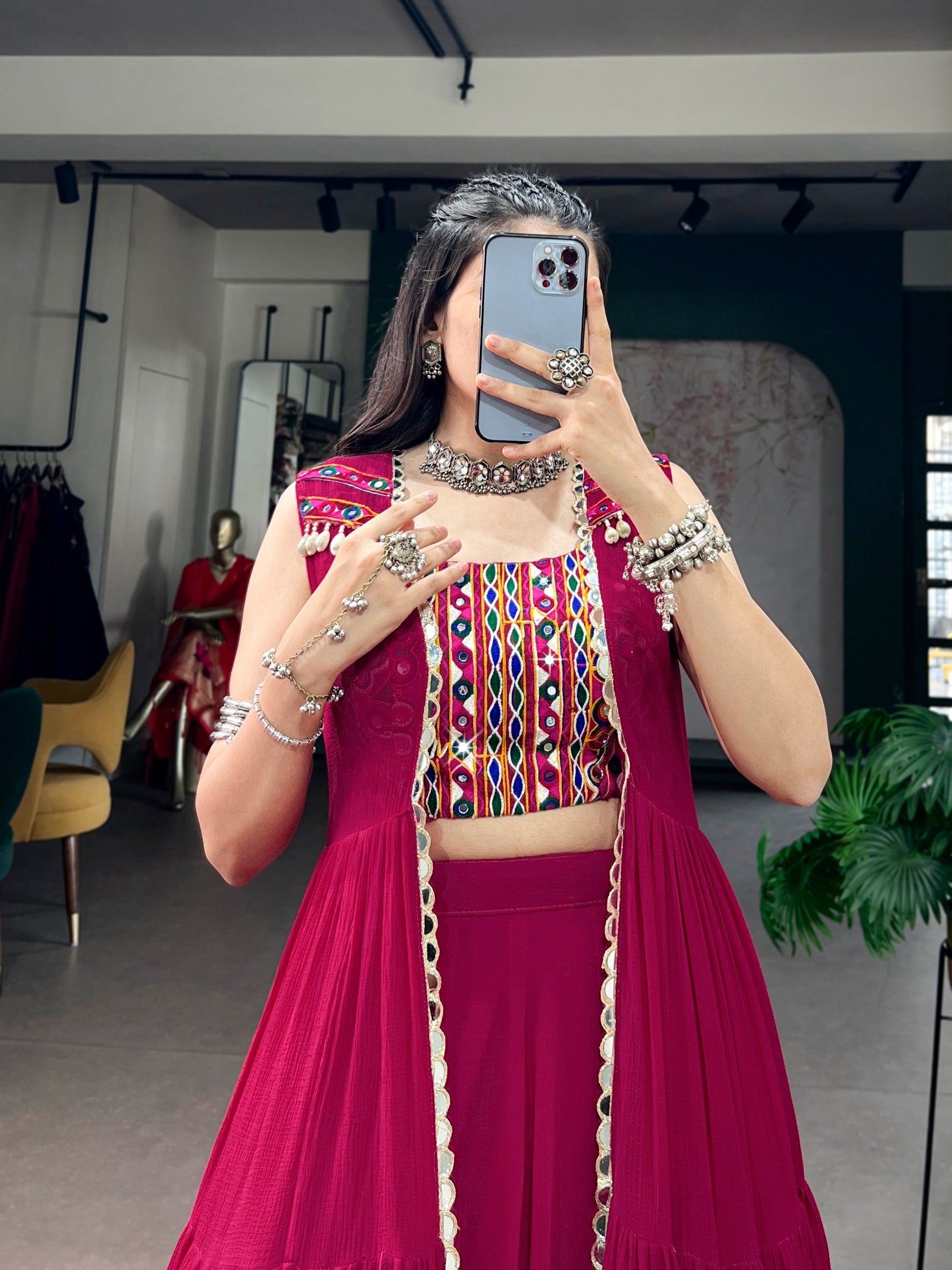 Festive Wear Rani Pink Gamthi Work Lehenga Choli Set with Long Koti Style
