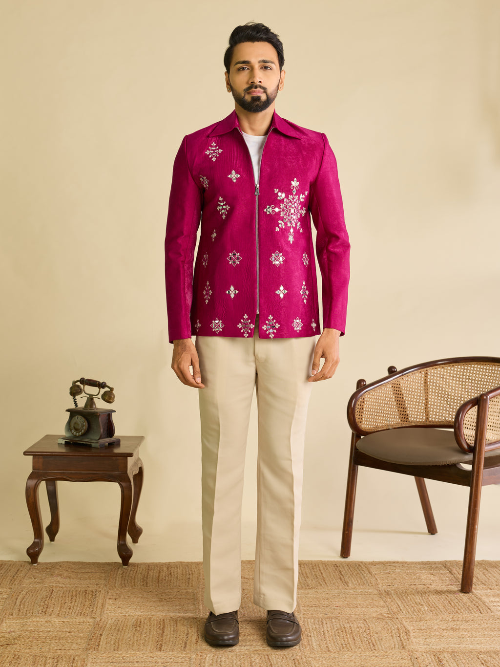 Stylish Rani Pink Velvet Bomber Jacket & Pant with Real Mirror Embroidery

