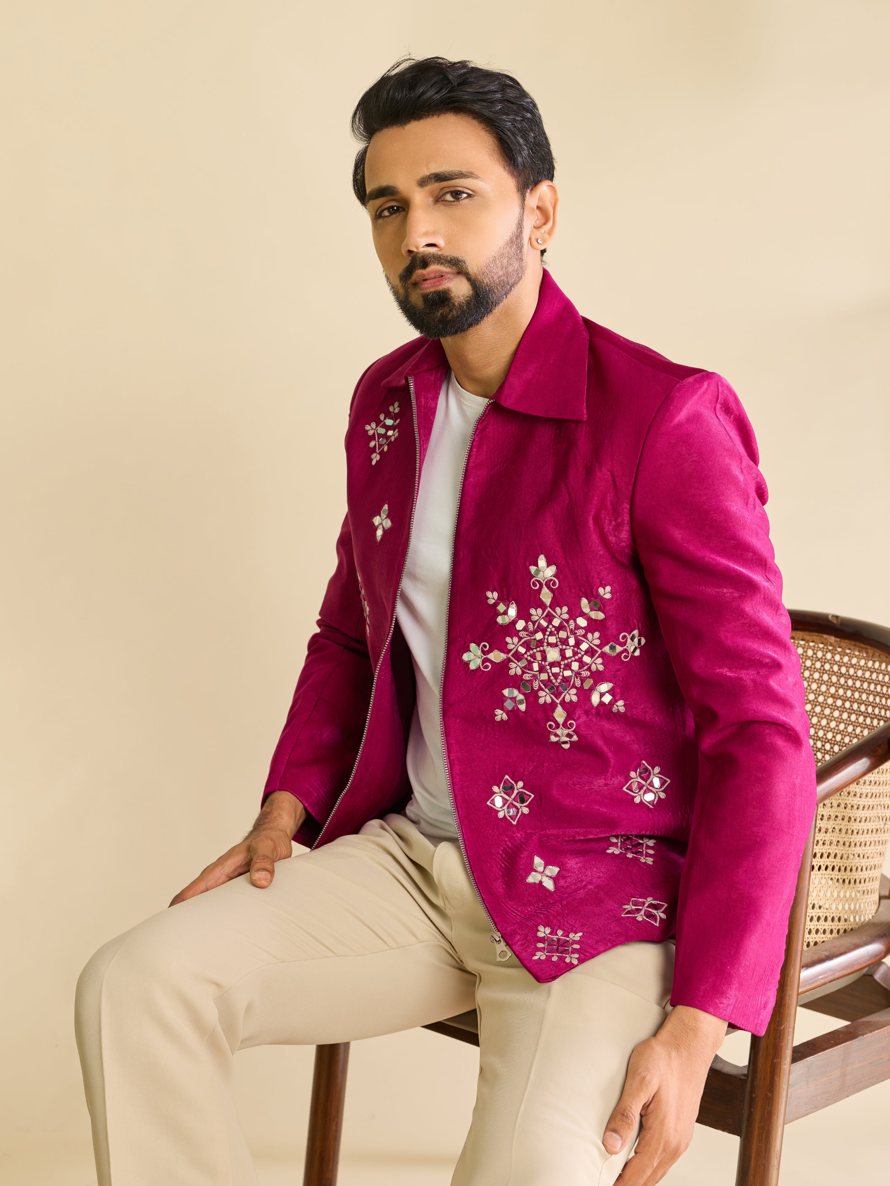 Stylish Rani Pink Velvet Bomber Jacket & Pant with Real Mirror Embroidery
