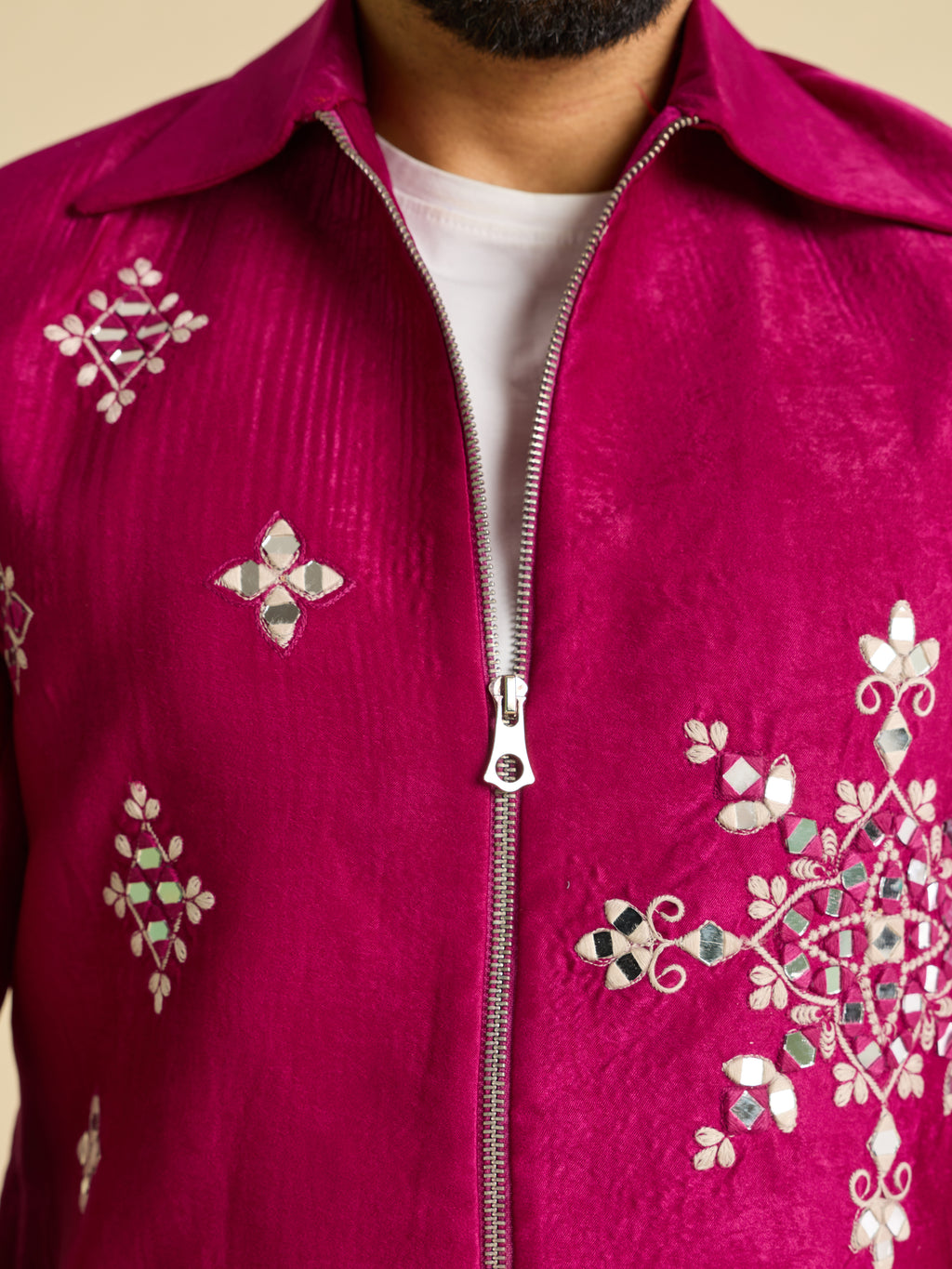 Stylish Rani Pink Velvet Bomber Jacket & Pant with Real Mirror Embroidery

