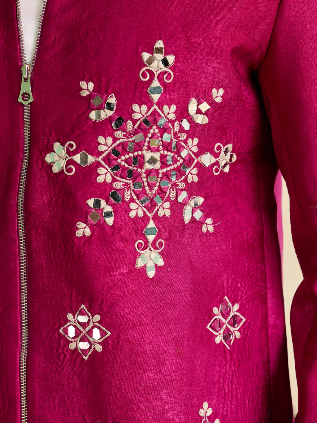 Stylish Rani Pink Velvet Bomber Jacket & Pant with Real Mirror Embroidery
