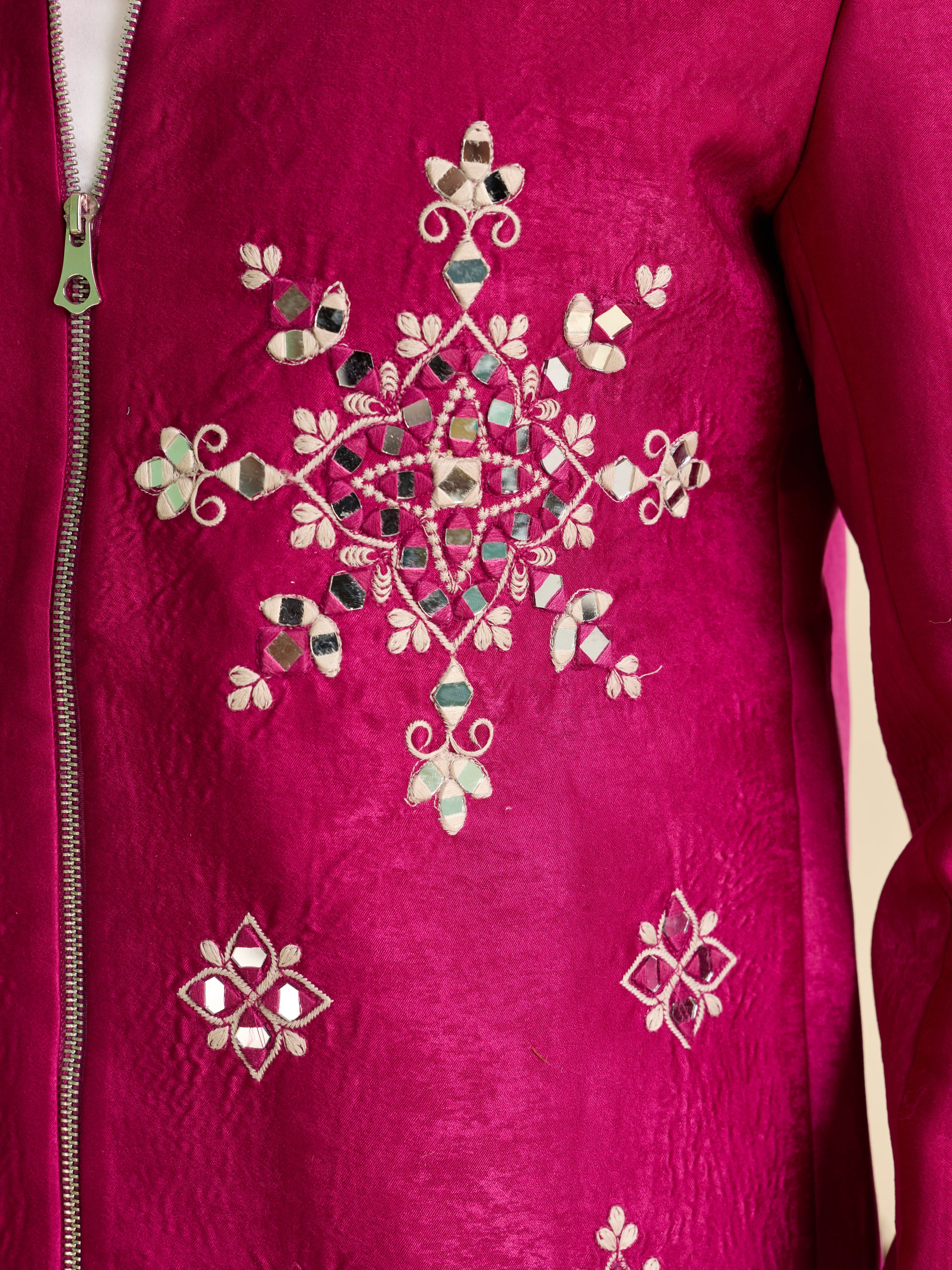 Stylish Rani Pink Velvet Bomber Jacket & Pant with Real Mirror Embroidery
