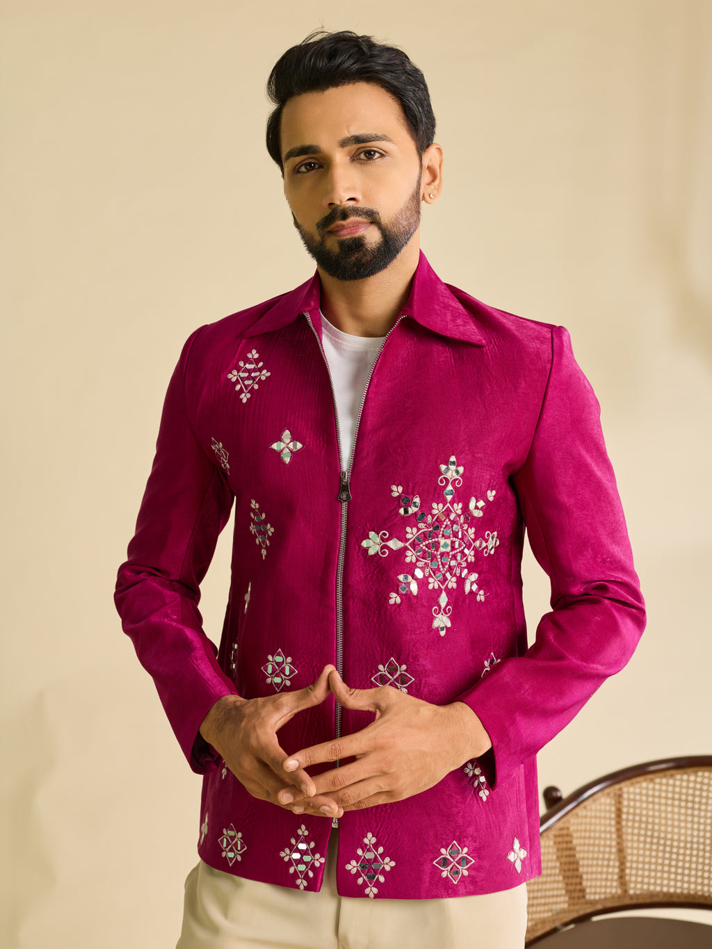 Stylish Rani Pink Velvet Bomber Jacket & Pant with Real Mirror Embroidery
