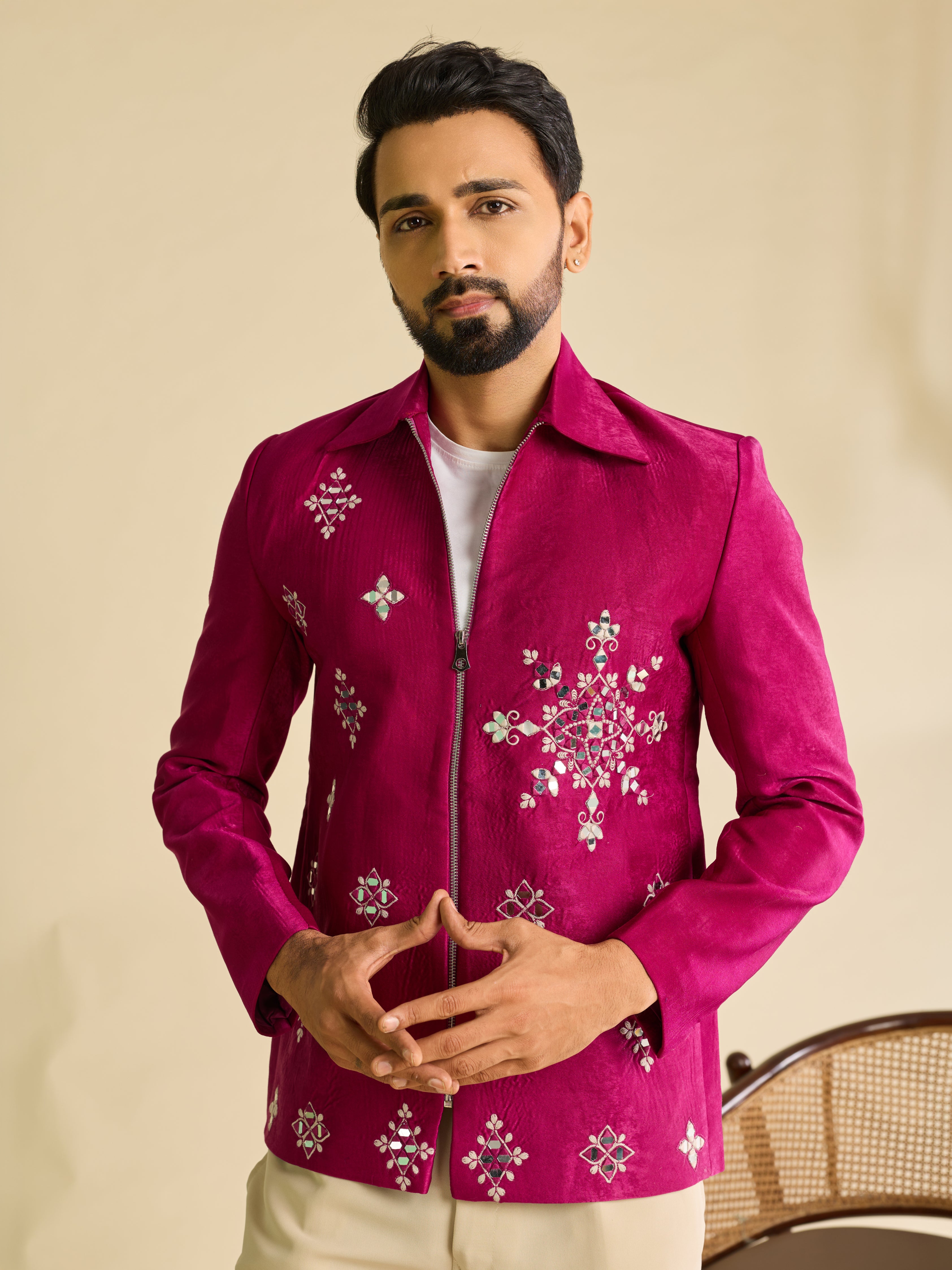 Stylish Rani Pink Velvet Bomber Jacket & Pant with Real Mirror Embroidery
