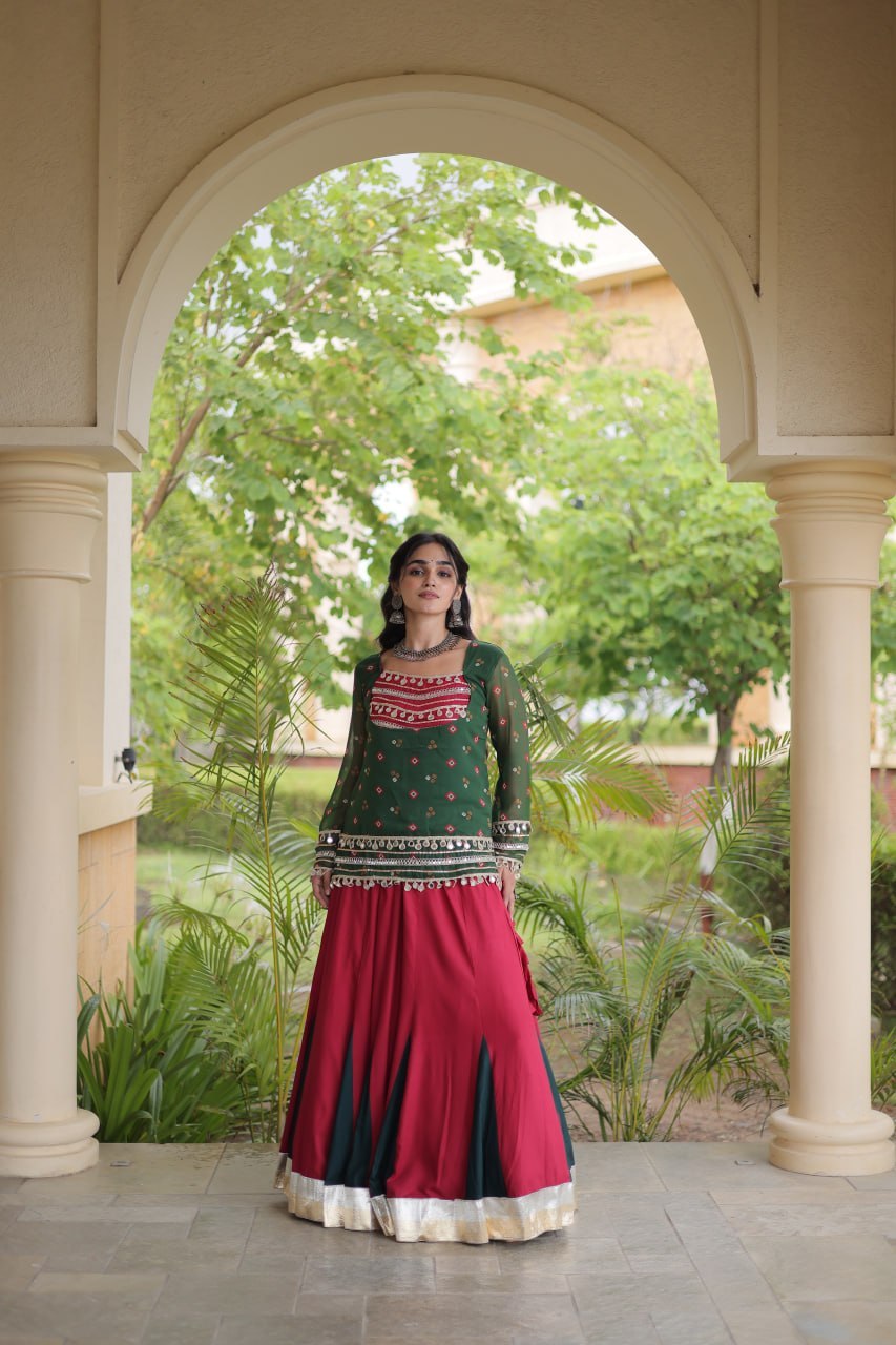 Traditional Rayon Bandhani Print Kutchi Work Festive Lehenga Set
