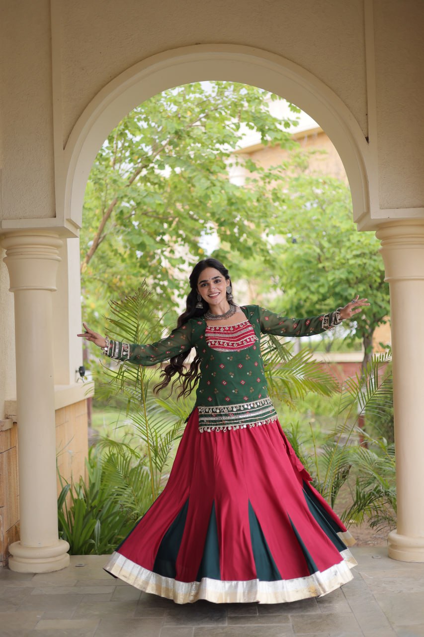 Traditional Rayon Bandhani Print Kutchi Work Festive Lehenga Set
