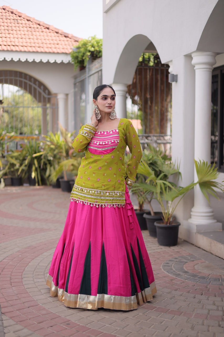 Traditional Rayon Bandhani Print Kutchi Work Festive Lehenga Set
