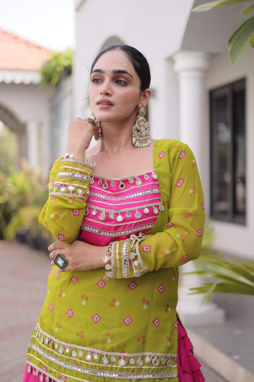 Traditional Rayon Bandhani Print Kutchi Work Festive Lehenga Set
