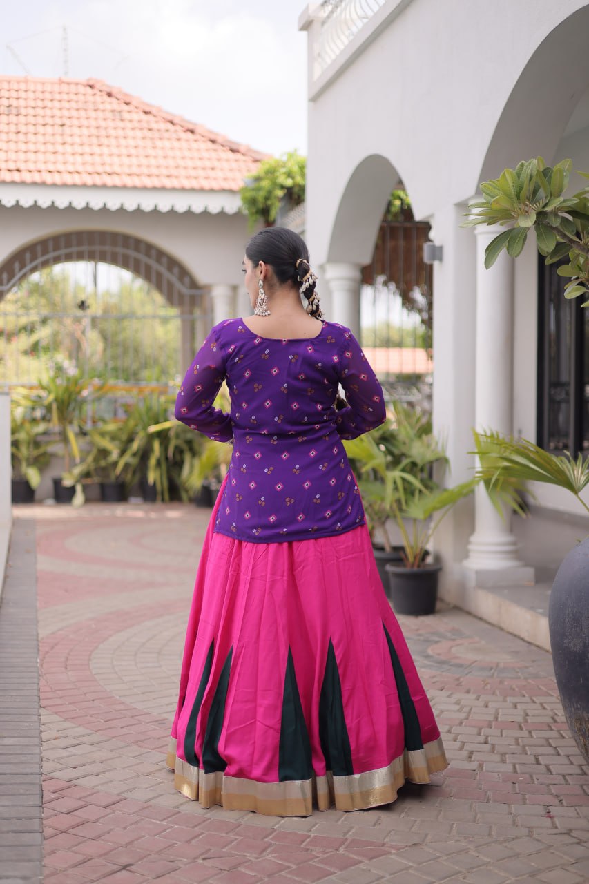 Traditional Rayon Bandhani Print Kutchi Work Festive Lehenga Set
