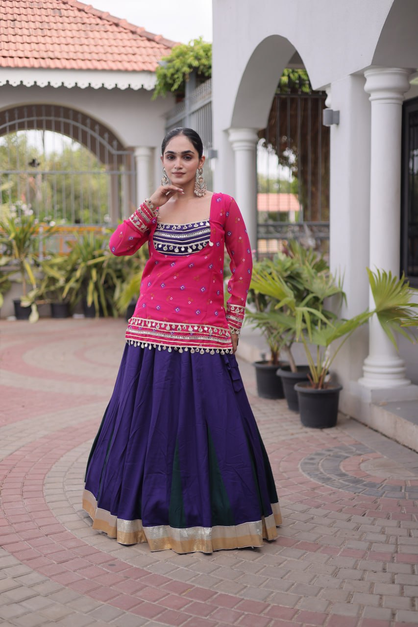Traditional Rayon Bandhani Print Kutchi Work Festive Lehenga Set
