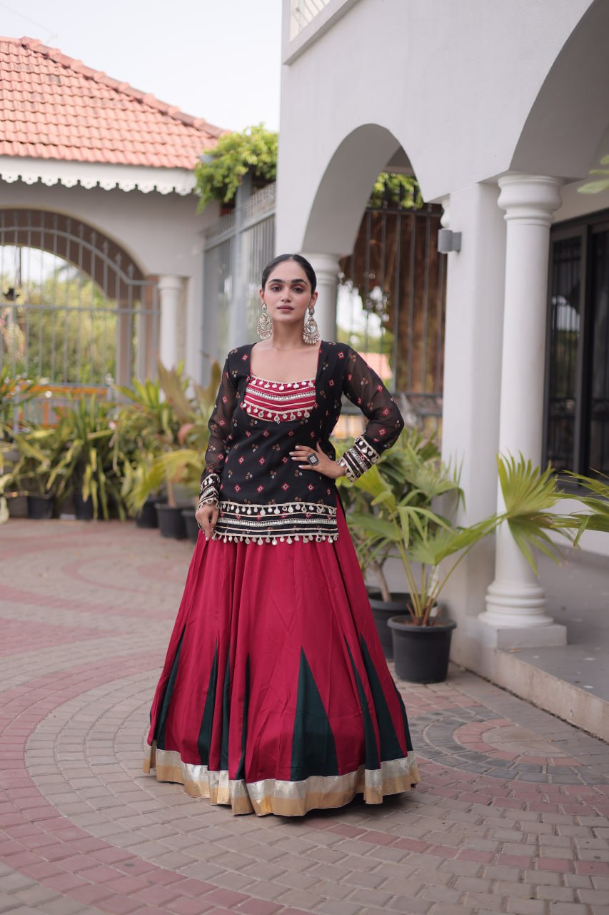 Traditional Rayon Bandhani Print Kutchi Work Festive Lehenga Set
