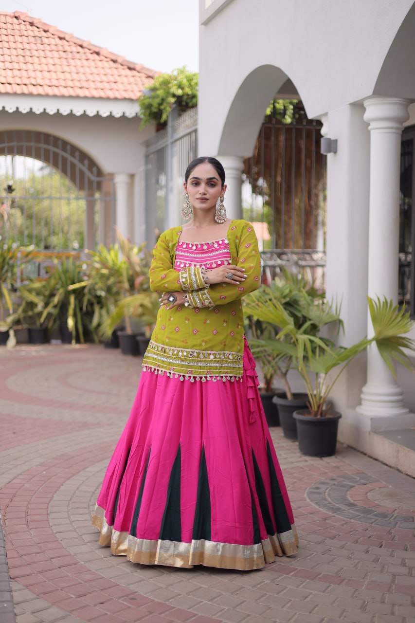 Traditional Rayon Bandhani Print Kutchi Work Festive Lehenga Set
