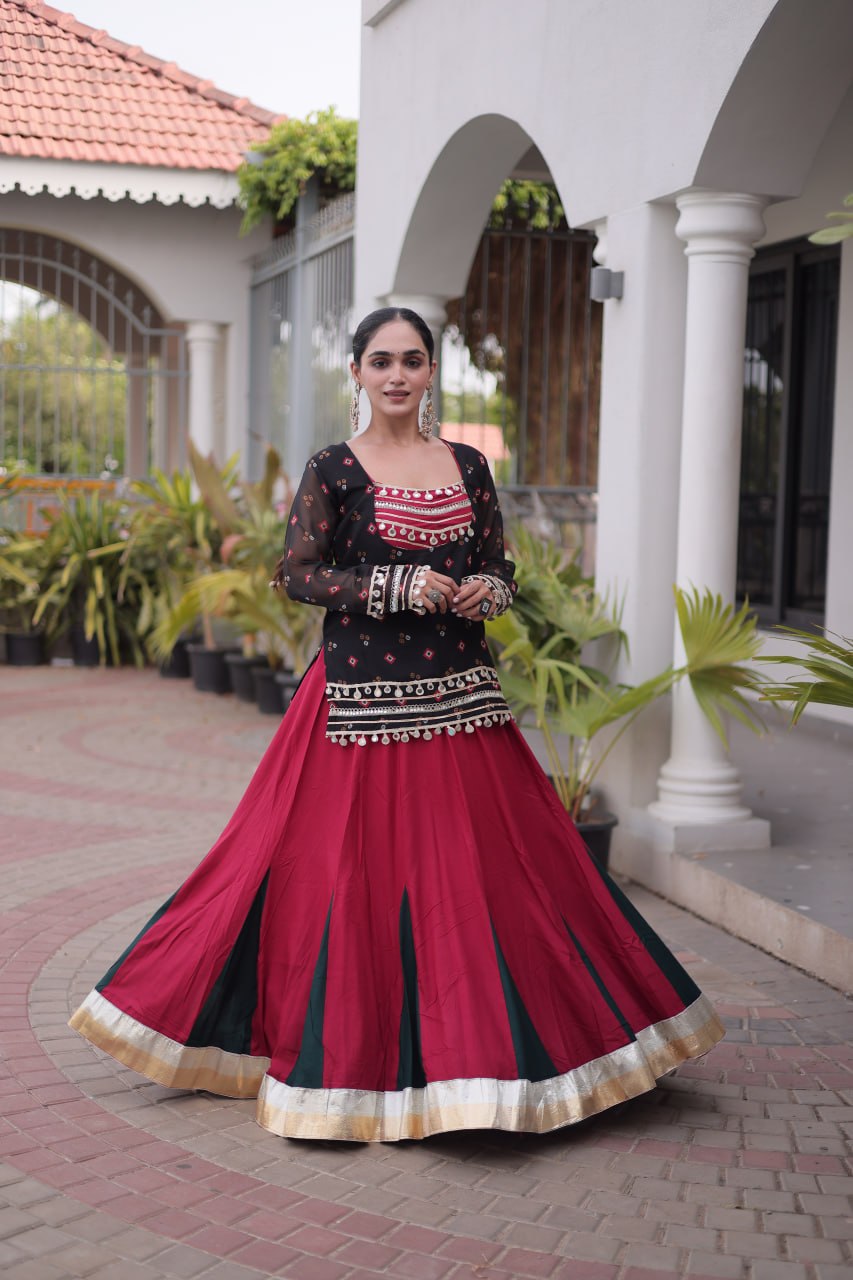 Traditional Rayon Bandhani Print Kutchi Work Festive Lehenga Set

