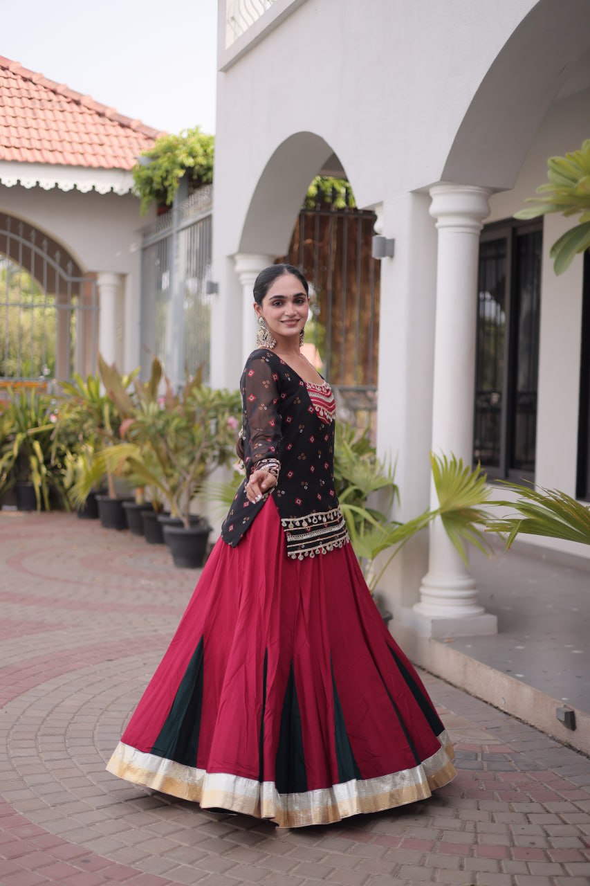Traditional Rayon Bandhani Print Kutchi Work Festive Lehenga Set
