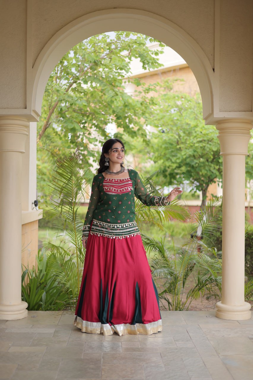 Traditional Rayon Bandhani Print Kutchi Work Festive Lehenga Set
