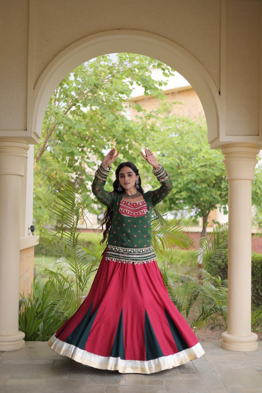 Traditional Rayon Bandhani Print Kutchi Work Festive Lehenga Set
